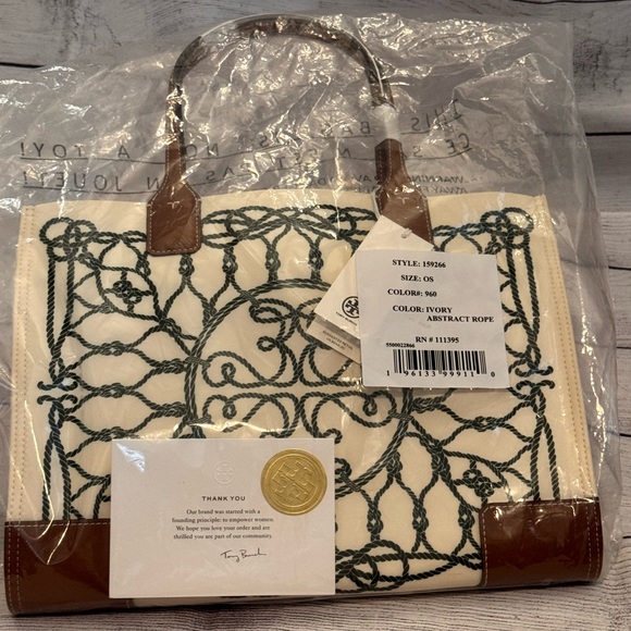 TORY BURCH ELLA SMALL PRINTED TOTE BAG IVORY ABSTRACT ROPE PATTERN - Picture 4 of 13